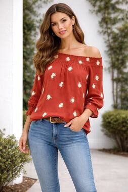 Ivory Love Boho Cottagecore Peasant Blouse Burnt Orange Embroidered L